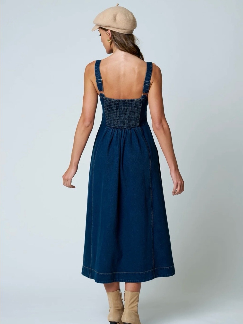 Sleeveless Midi Denim Dress in Dark Blue - Picture 2 of 8